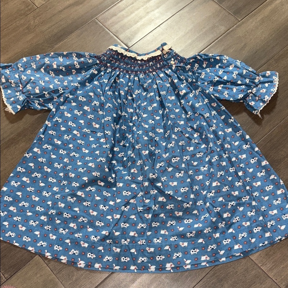Vintage Handmade Smocked Farm Animal Print youth Girls Dress SZ 2T/ 3T